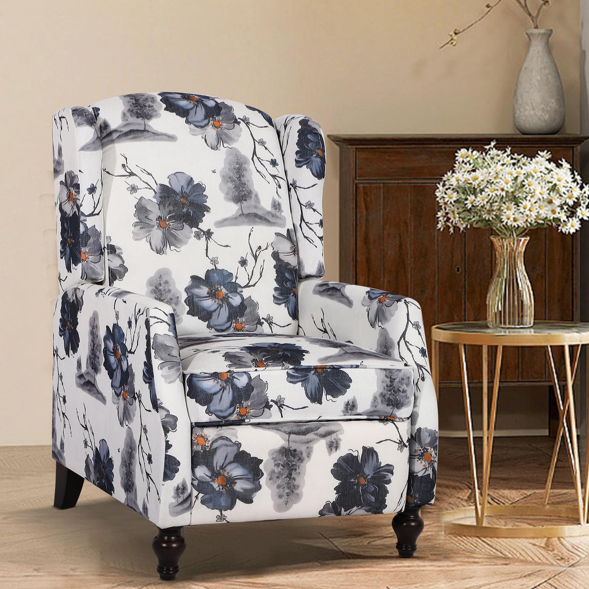 PALLOME Upholstered Wingback Recliner Chair, Mid Century Modern Manual Push Back Recliner for Living Room, Bedroom (1, Blue Floral) PALLOME