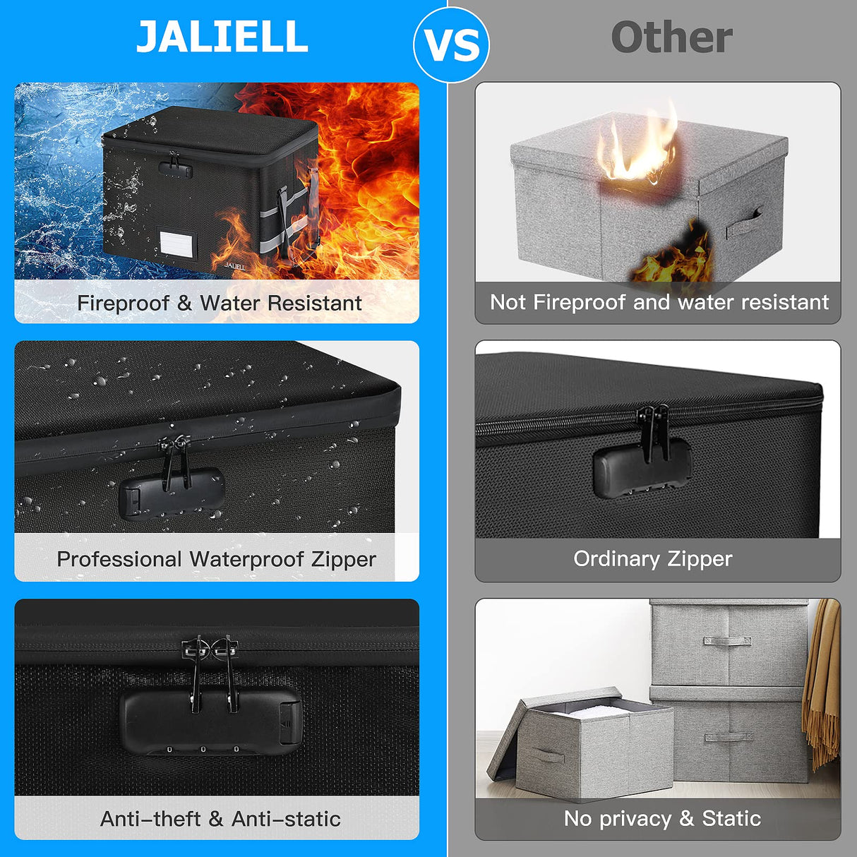 JALIELL Upgraded File Box with Lock, Fireproof Document File Organizer Box with Water-Resistant Zipper & Adjustable Handle, Collapsible Filing File Cabinet for Hanging Letter/Legal Folder (Black) JALIELL