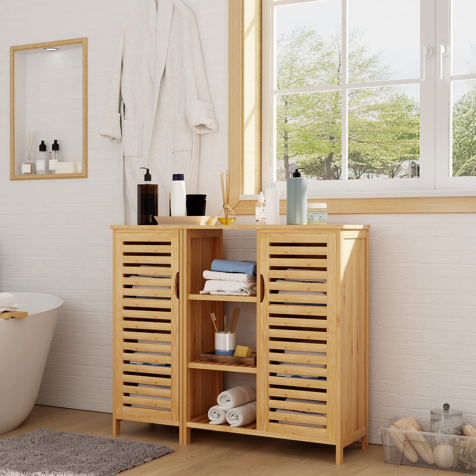 SogesHome Bamboo Bathroom Storage Cabinet, Freestanding Floor Cabinet with 4-Tier Shelf for Kitchen, Midi Cabinets with 2-Doors for Living Room, Bathroom - WoodArtSupply