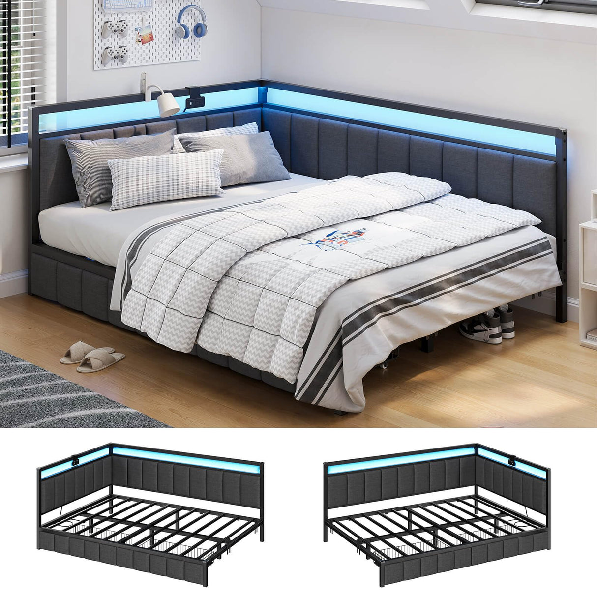 Hasuit Corner Bed Frame with Storage Drawers, Full Daybed with Line Fabric Upholstered Fence, Kids Bed Unit with LED Light and Charging Station, Modern Bed Frame Full Size, Gray Hasuit