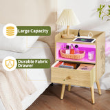 Yoobure Nightstand with Charging Station, Modern Night Stand with LED Lights, Wood Nightstands with Fabric Drawer & Storage Shelf, Night Stands Bedside Table with USB Ports for Bedroom, Office, Home Yoobure