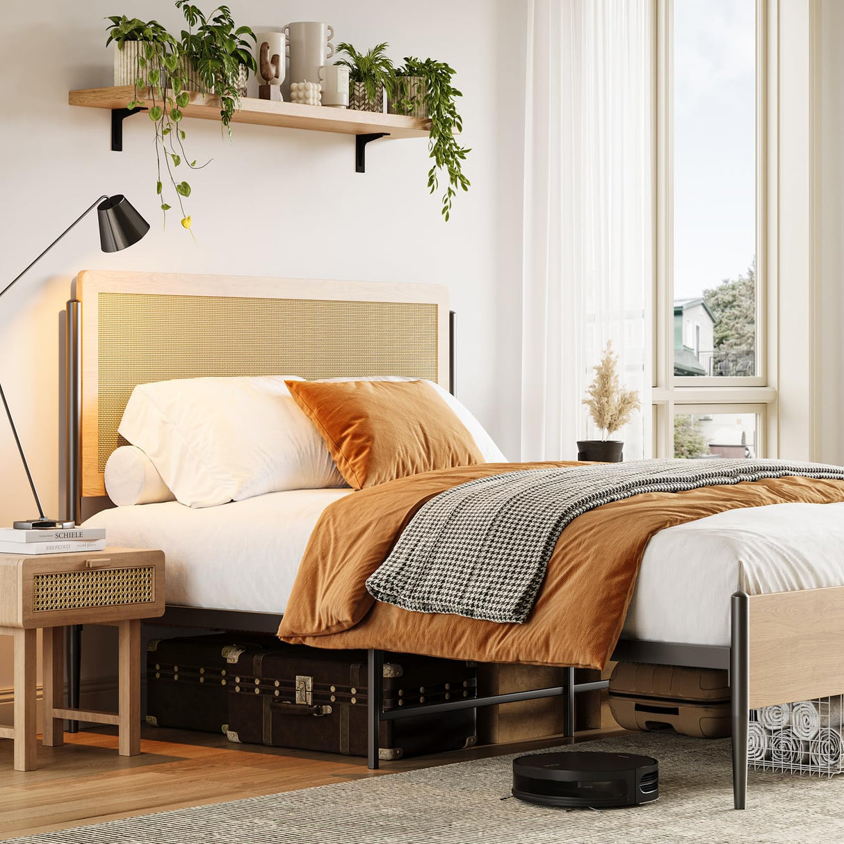 IDEALHOUSE Queen Rattan Bed Frame with Headboard, Boho Style Queen Platform Bed with Strong Metal Slats Support, Under Bed Storage, Noise-Free, No Box Spring Needed, Light Oak IDEALHOUSE