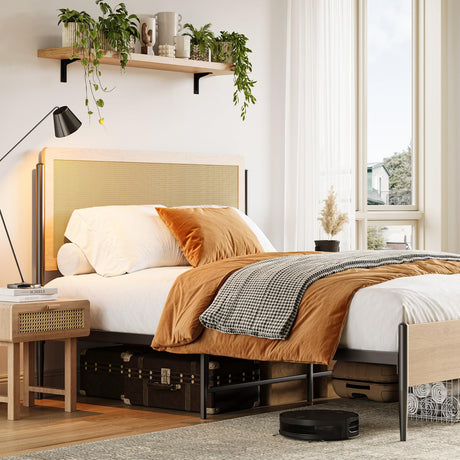 IDEALHOUSE Queen Rattan Bed Frame with Headboard, Boho Style Queen Platform Bed with Strong Metal Slats Support, Under Bed Storage, Noise-Free, No Box Spring Needed, Light Oak IDEALHOUSE