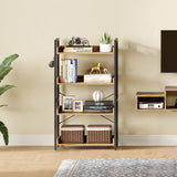 Rolanstar Bookshelf 4 Tier with 4 Hooks, Industrial Wood Bookcase, Vintage Storage Rack with Open Shelves, Rustic Standing Bookshelves Metal Frame Display Rack for Living Room, Bedroom, Rustic Brown Rolanstar
