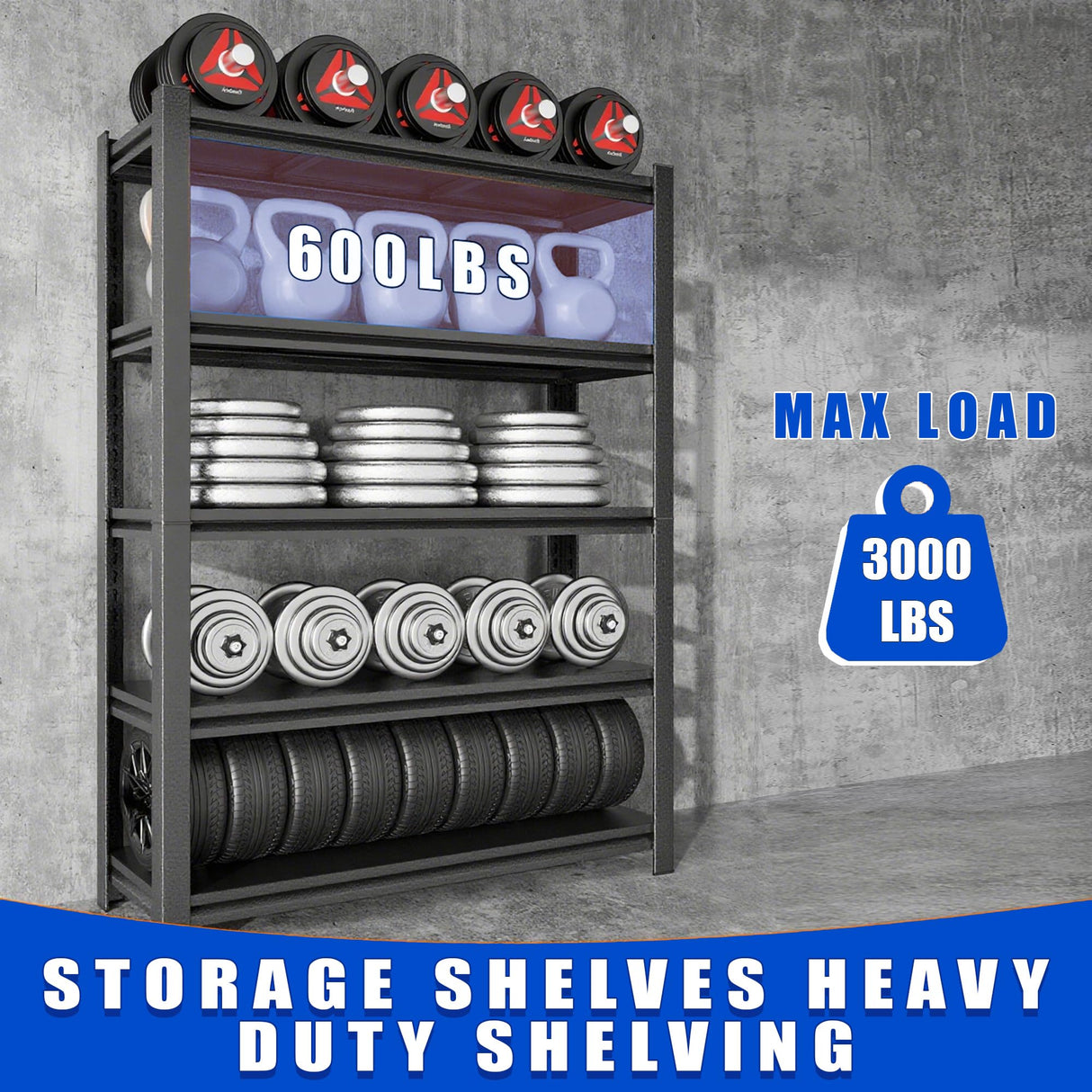 63"H Garage Shelving Heavy Duty Rack, 3000 LBS Large Capacity 5 Tier Adjustable Storage Shelves, Metal Industrial Shelf Units for Garage, Basement and Warehouse, 63"H×23.6"W×13.8"D, Black ErgoNova