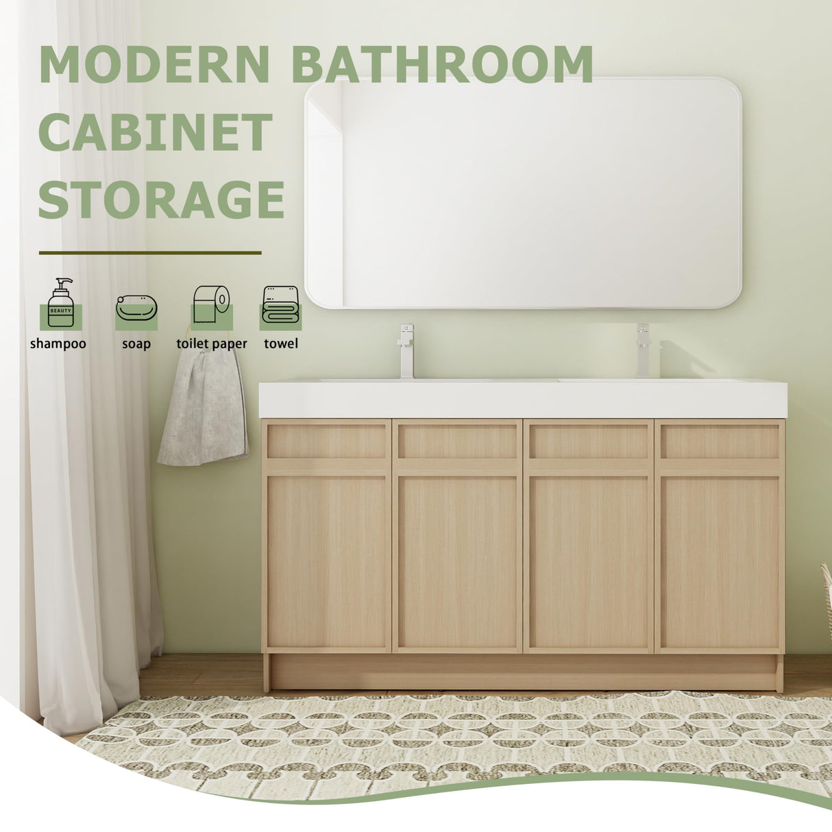 Calieton 60 Inch Freestanding Vanity, 60" Bathroom Vanity with Sink, Double Sink Floor Stand Vanity Combo, Modern Brown Bathroom Vanity Set with 4 Doors and White Basin Sink Calieton