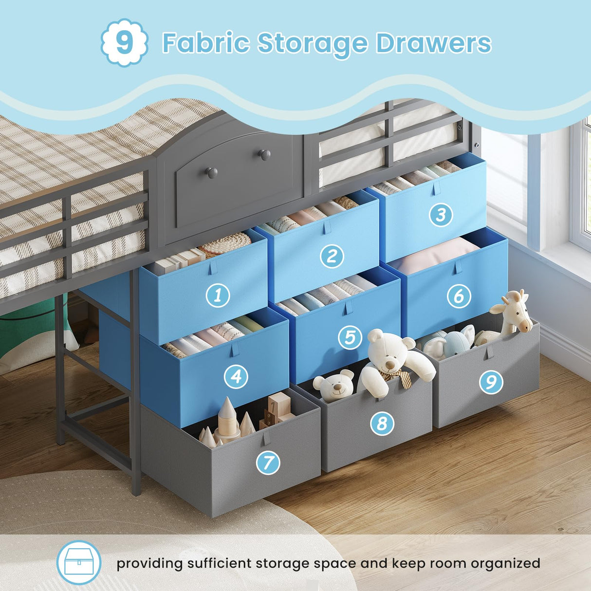 VIAGDO Low Loft Bed Twin Size with 9 Storage Drawers and LED Lights, Metal Twin Loft Bed with Stairway Shelf Storage, Low Loft Bed with Safety Guardrail and Under-Bed Hideaway for Kids, Grey VIAGDO