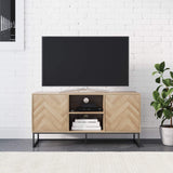 Nathan James Dylan Media Console Cabinet or TV Stand with Doors for Hidden Storage in a Natural Reclaimed Herringbone Wood Pattern and Metal, Oak/Matte Black Nathan James