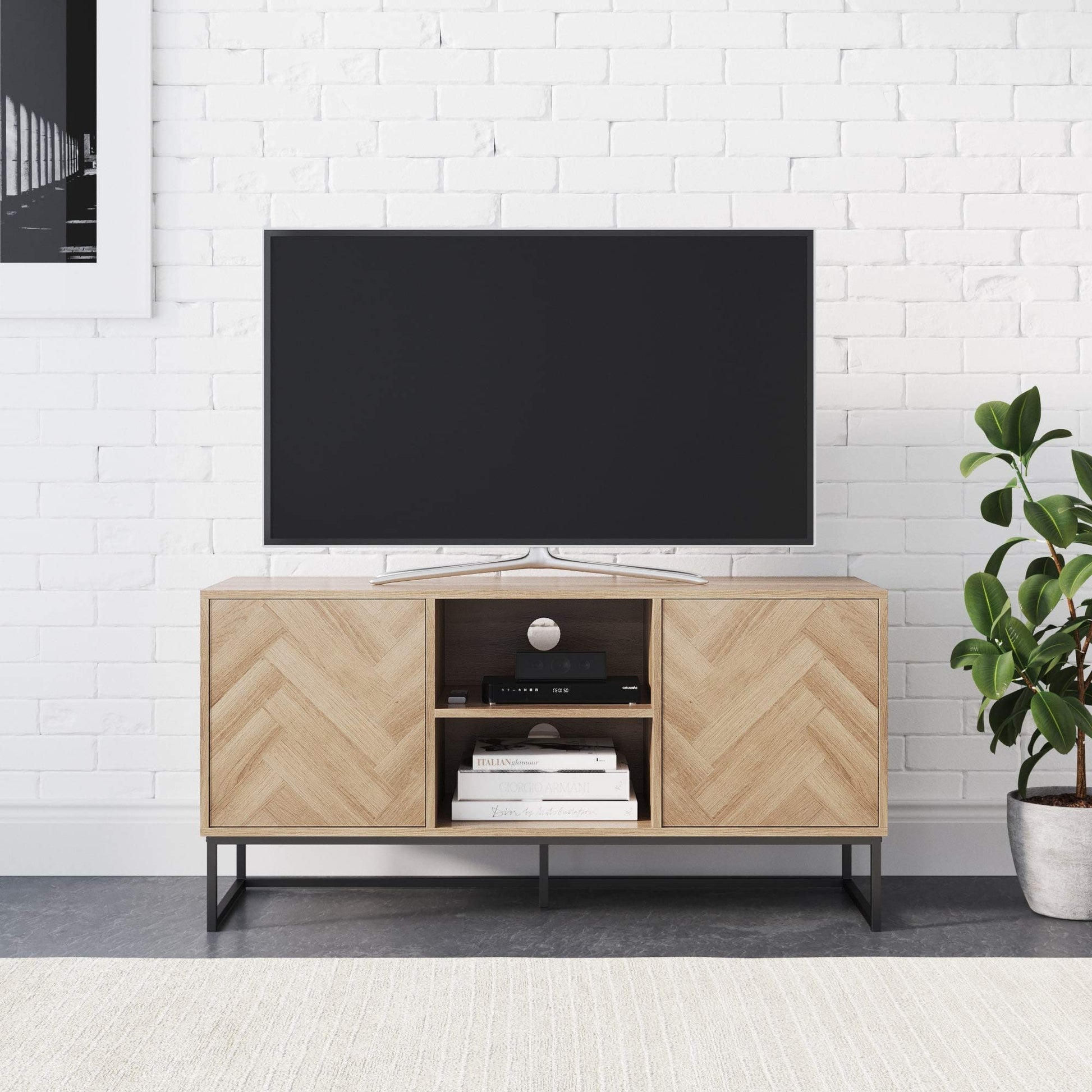 Nathan James Dylan Media Console Cabinet or TV Stand with Doors for Hidden Storage in a Natural Reclaimed Herringbone Wood Pattern and Metal, Oak/Matte Black - WoodArtSupply