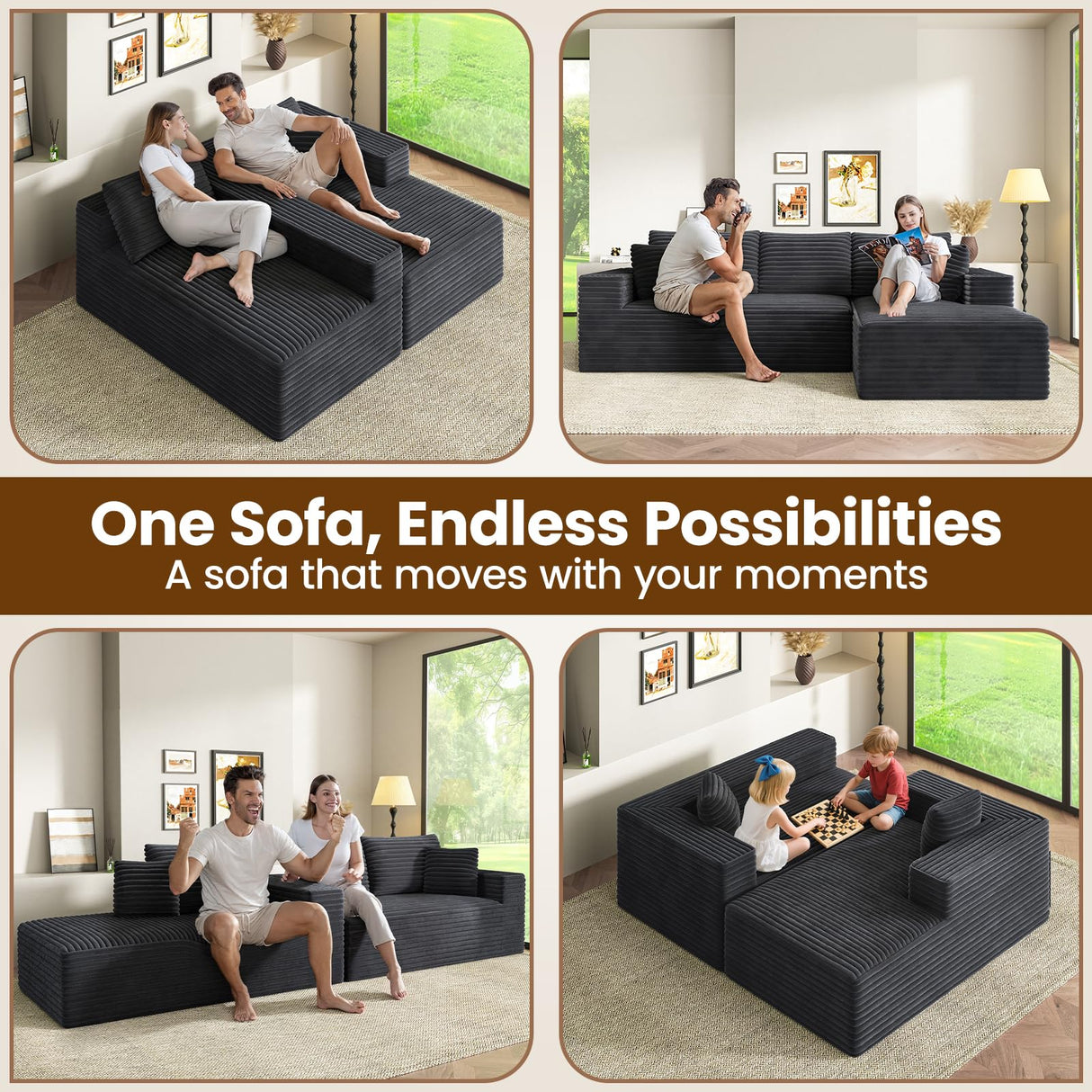 RRESTA 97" Cloud Modular Sectional Sofa, L-Shaped Couch with Left-Facing Chaise, Extra Deep-Seat Plush Corduroy, Comfy Fluffy Cushions, Side Pockets, Black, No Assembly Required, for Living Room RRESTA