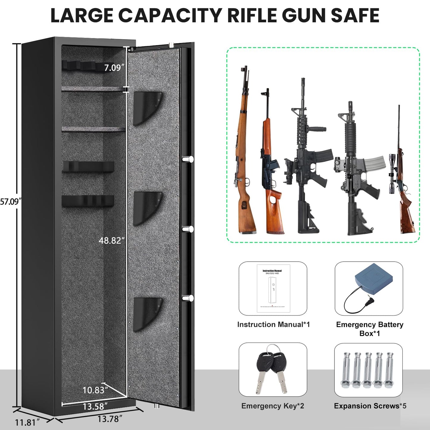 silkight 57" Digital Keypad Rifle Gun Safe, Long Gun Safe for Home Rifle and Pistols, Quick Access 5 Gun Cabinet with Mute Function, Rifle Safe with LED Light, for Rifles Shotguns Pistols