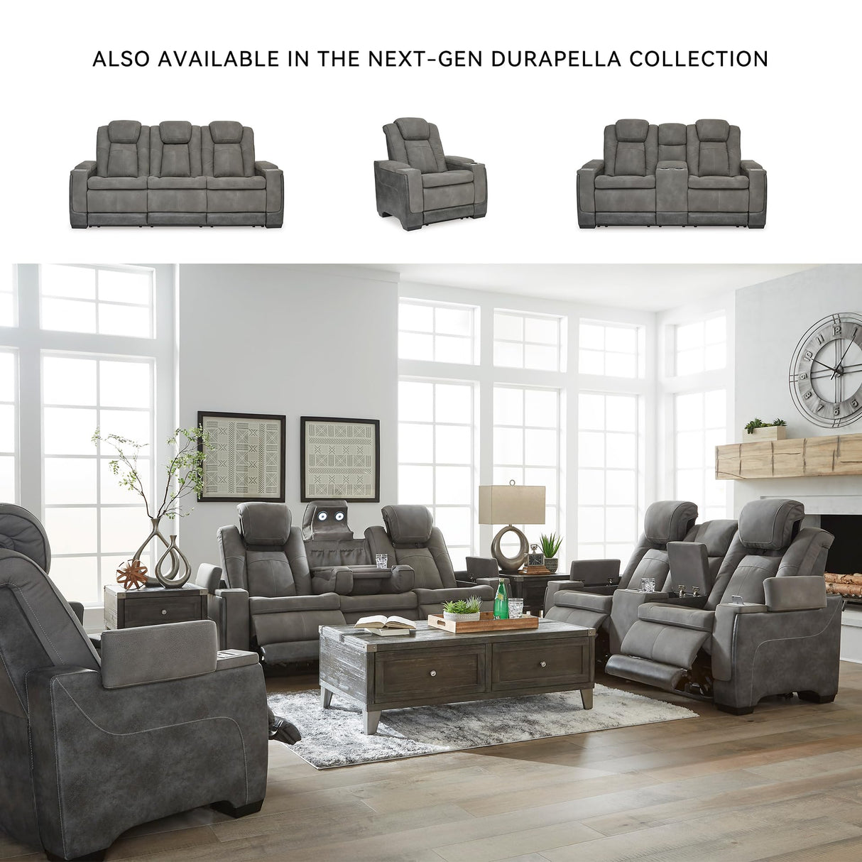 Signature Design by Ashley Next-Gen DuraPella Modern Faux Leather Power Recliner with Adjustable Headrest, Gray Signature Design by Ashley