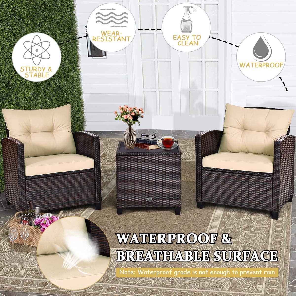 Tangkula 3 Pieces Patio Furniture Set, PE Rattan Wicker 3 Pcs Outdoor Sofa Set w/Washable Cushion and Tempered Glass Tabletop, Conversation Furniture for Garden Poolside Balcony (Beige) - WoodArtSupply