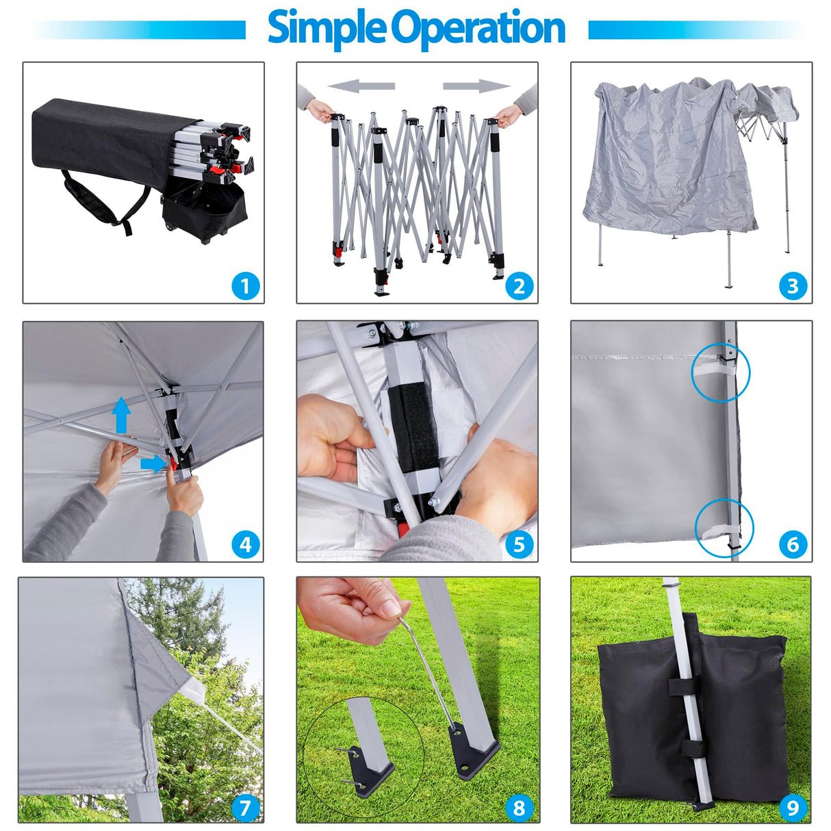 Smartxchoices 8 x 8 FT Pop Up Canopy Tent - Instant Outdoor Canopy with Wheeled Carry Bag, 4 Ropes, Straight Legs, Stakes, Height Adjustable Outdoor Tent Sun Protection Beach Shelter，Silver Grey Smartxchoices