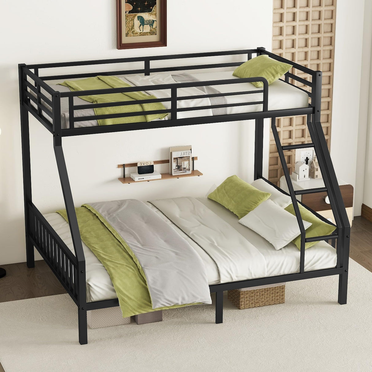 Ball & Cast Twin XL Over Queen Metal Bunk Bed,Heavy Duty Metal Bed Frame with Ladder and Full-Length Guardrails for Kids,Teens,Adults,Slats Support,Noise Free,No Box Spring Needed, Black Ball & Cast