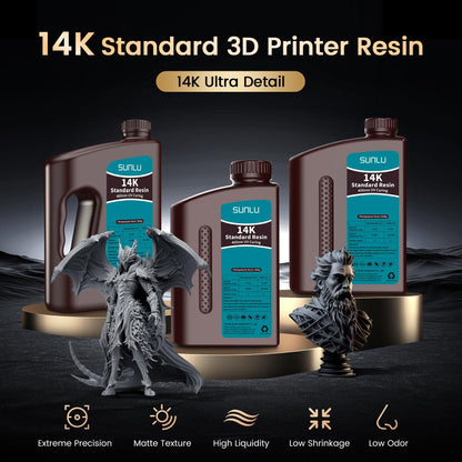 SUNLU 14K High Precision 3D Printer Resin 1KG, Standard 3D Printing Resin for Detail Printing Miniatures, Fast Curing 405nm UV Photopolymer Resin, Smooth Matte Surface, Better Liquidity, 1000G Black