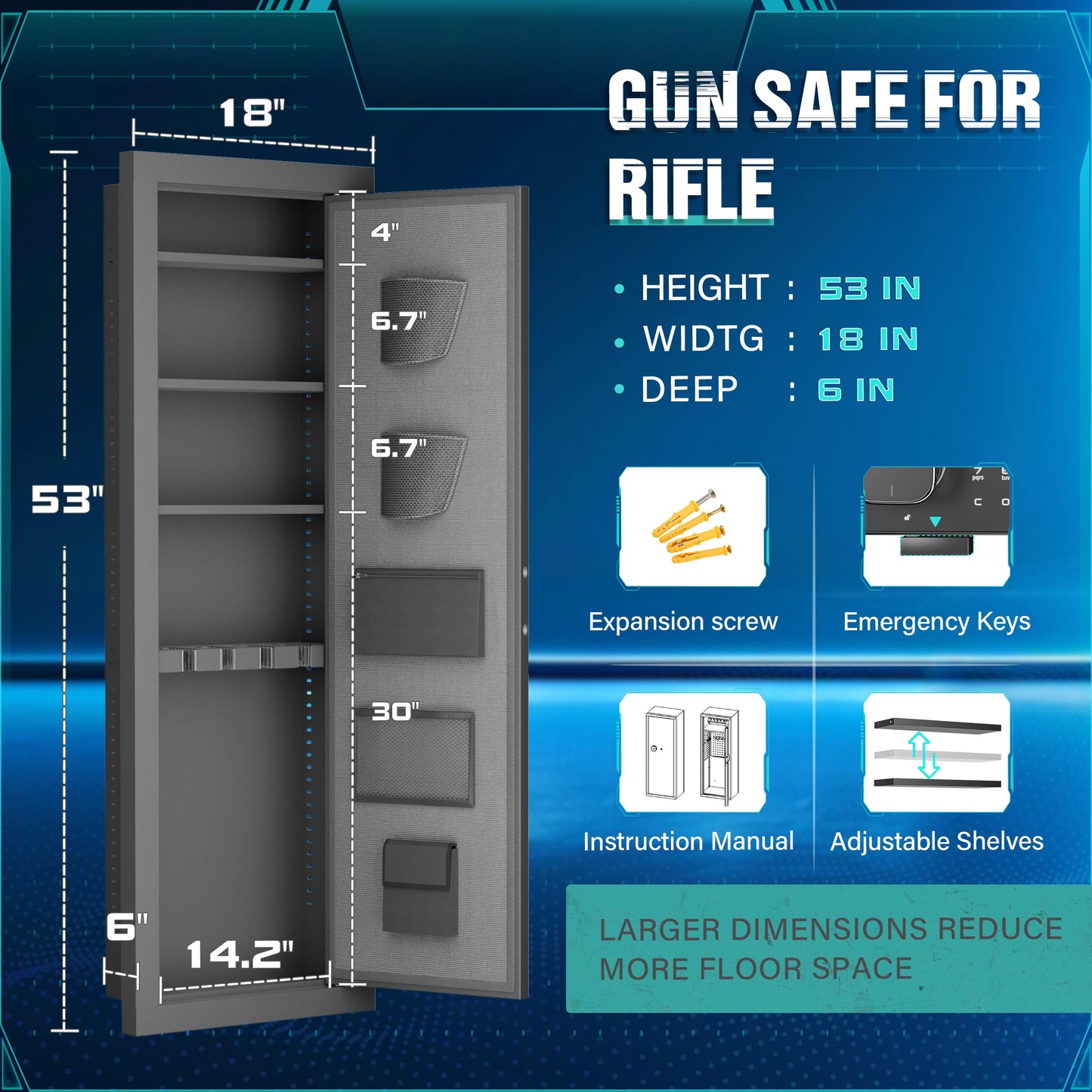 Pataku 53" in Wall Gun Safe Between Studs, Hidden Gun Safe with Multifunctional Lock and Removable Shelf, Rifle Wall Gun Safe for Storage Firearm Money Valuables(Black)