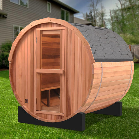iDOTODO Outdoor Barrel Steam Sauna, 4-6 Person Wood Sauna Room with 6kw Harvia Electric Heater with Sauna Stone, Canadian Helmock Wooden Sauna, Sauna Accessories and Asphalt Shingle Roof (Red Ceder) iDOTODO