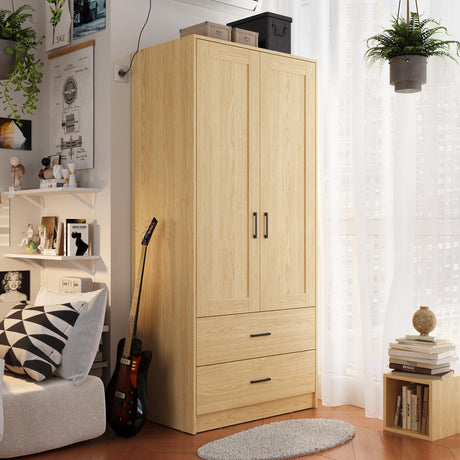 Fddevelop Wood White Wardrobe Closet with 2 Doors，Bedroom Freestanding Armoire Storage Cabinet with Shelves，Wooden Wardrobe Combination for Hanging Clothes (Wood Grain) (Wood Grain and 2 Drawer) Fddevelop