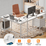 Furologee White 66” L Shaped Desk with Power Outlet, Reversible Computer Desk with File Drawer & 2 Monitor Stands, Home Office Desk with Storage Shelves, Corner Desk for Gaming Writing Furologee