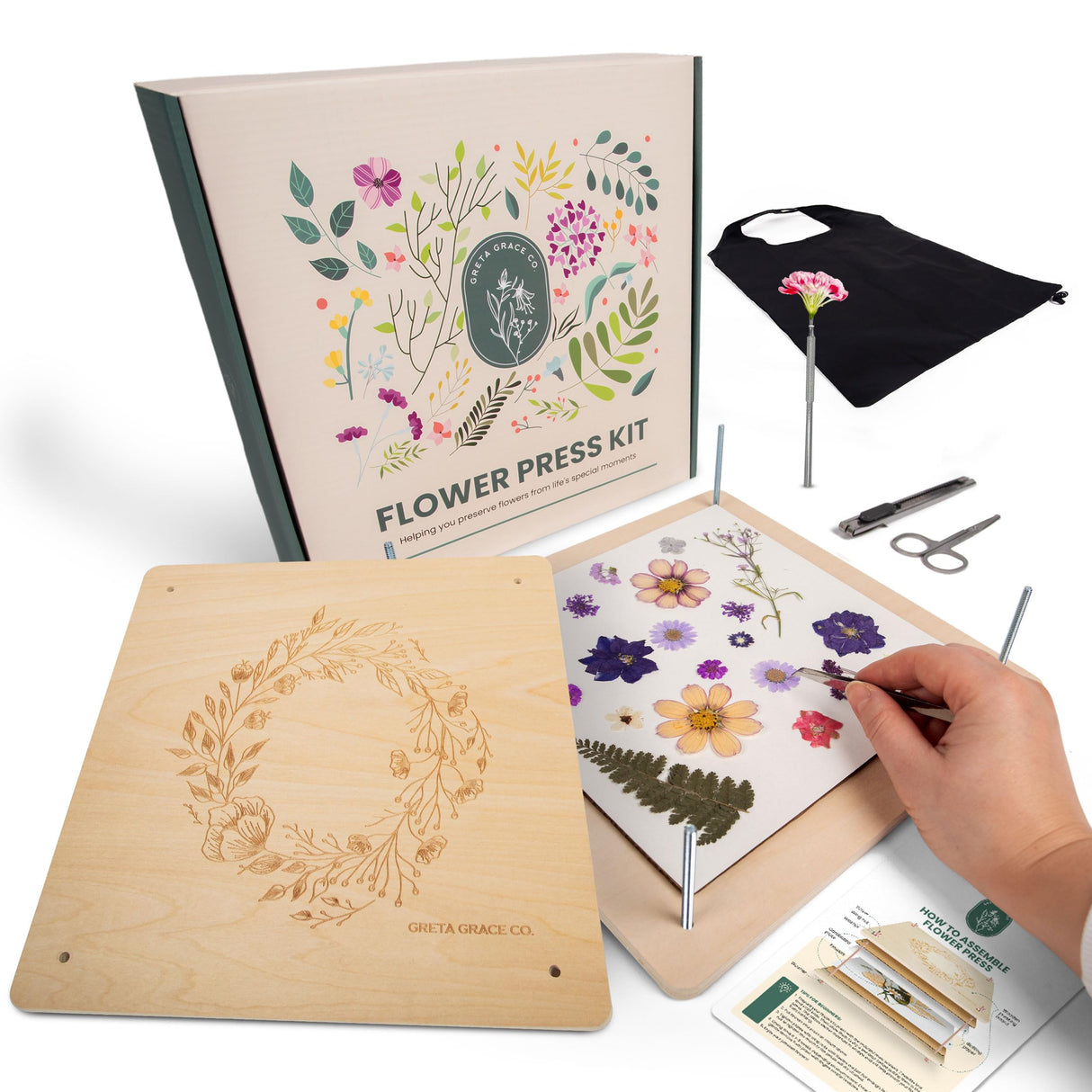Extra Large Flower Press Kit | 11"x11" 10 Layers Wooden Pressing Boards, Tools & Bag | Crafting Kits for Adults & Kids | DIY Pressed Flower Plant Preservation Kit | Bouquet Preservation | Great Gift Greta Grace Co.