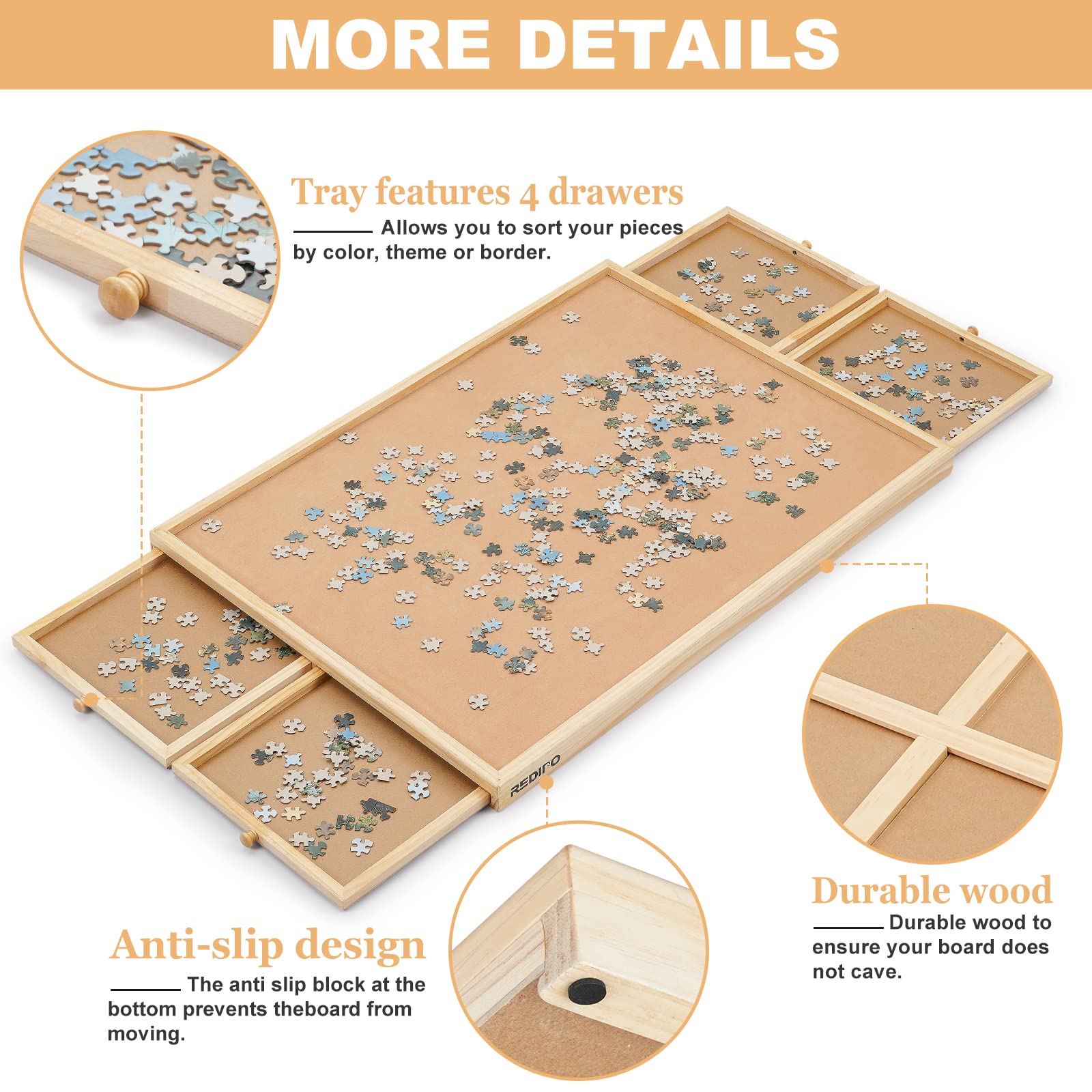 Redipo 1500 Pieces Wooden Jigsaw Puzzle Board with 4 Drawers for Storing Puzzles, 26” x 35” Large Portable Jigsaw Puzzle Table with Puzzle Cover, Non-Slip Plateau Work Surface for Adults and  - WoodArtSupply