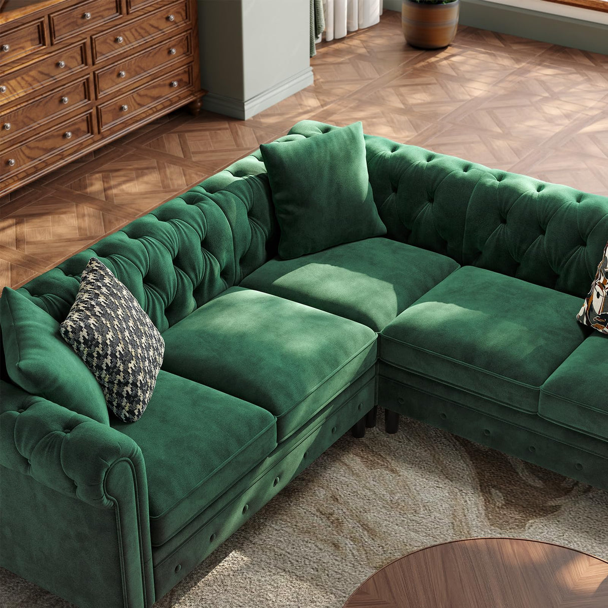 ONBRILL Chesterfield L Shaped Sofa, Velvet Sectional Couches for Living Room, Tufted Corner Couch with Rolled Arms, 3 Throw Pillows, Comfy L Shaped Sectional Sofa for Apartment, Green ONBRILL