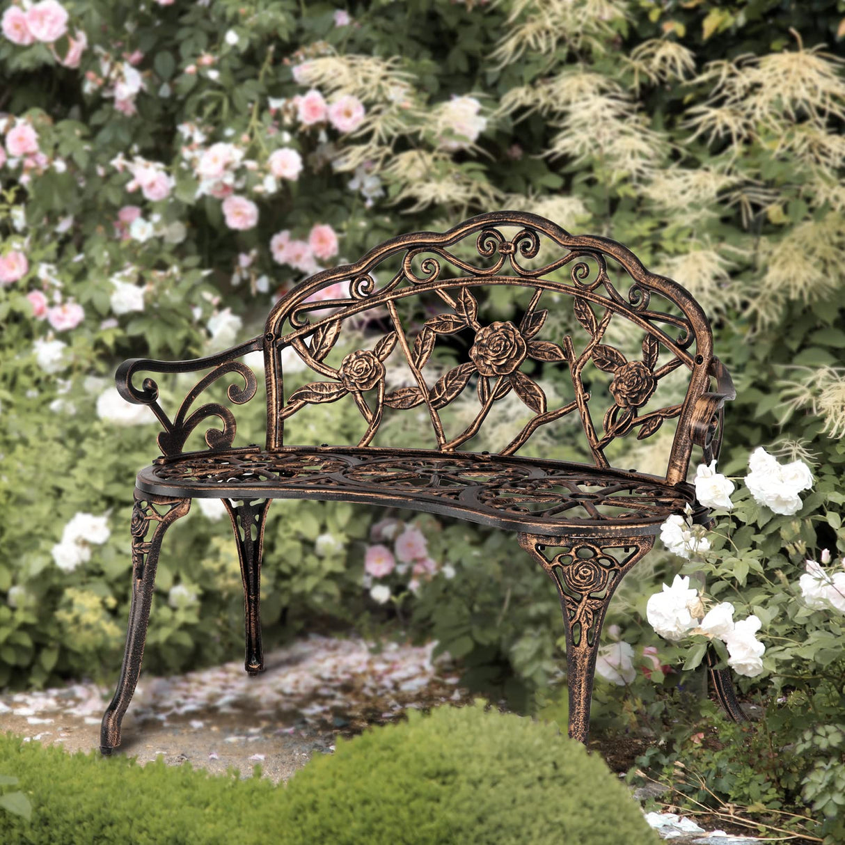 VINGLI 38.5" Patio Park Garden Outdoor Metal Rose Bench,Cast Iron Cast Aluminium Frame Antique Finish Chair,Accented Lawn Front Porch Path Yard Decor Deck Furniture for 2 Person Seat（Bronze VINGLI