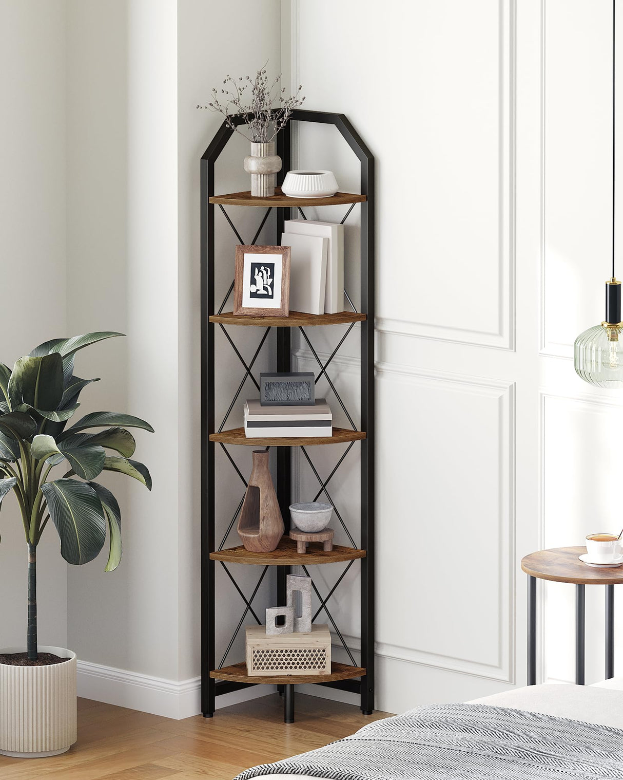 CHOEZON 59.4" Corner Shelf, 5-Tier Industrial Corner Bookshelf, Corner Storage Stand, Plant Stand Display Shelf, Corner Bookcase for Bedroom, Living Room, Home Office, Rustic Brown and Black TCJ10BF CHOEZON