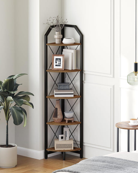CHOEZON 59.4" Corner Shelf, 5-Tier Industrial Corner Bookshelf, Corner Storage Stand, Plant Stand Display Shelf, Corner Bookcase for Bedroom, Living Room, Home Office, Rustic Brown and Black TCJ10BF CHOEZON