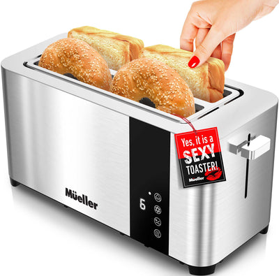 Mueller UltraToast Full Stainless Steel Toaster 4 Slice, Long Extra-Wide Slots with Removable Tray, Cancel/Defrost/Reheat Functions, 6 Browning Levels with LED Display, Kitchen Essentials & Gadgets