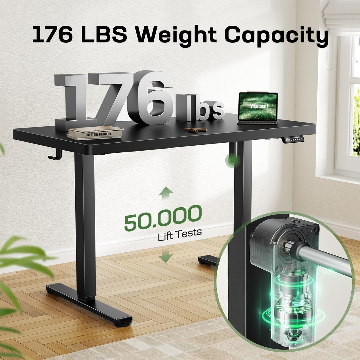 Marsail 63 x 30 Electric Standing Desk with One-Piece Desktop, Sit Stand Desk with Thickened Tabletop, Height Adjustable Stand Up Desk with Cable Management for Home Office(Frame+Desktop, 2 Packages) Marsail