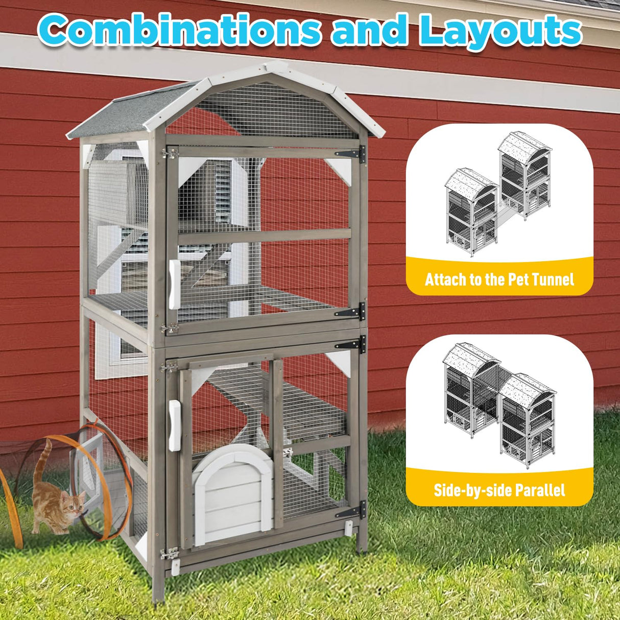Gowoodhut 71'' Large Cat House Outdoor Catio Enclosures Indoor Kitten Cages with Attachable Window Resting Box,Waterproof Roof Gowoodhut
