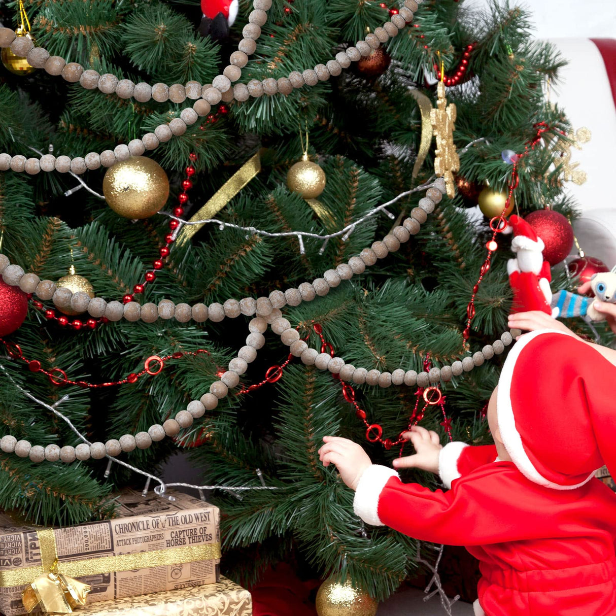 Christmas Wooden Bead Garland Wood Bead Garland Christmas Tree Decorations for Christmas Holiday Favors, 12 Feet (Retro White) Hicarer