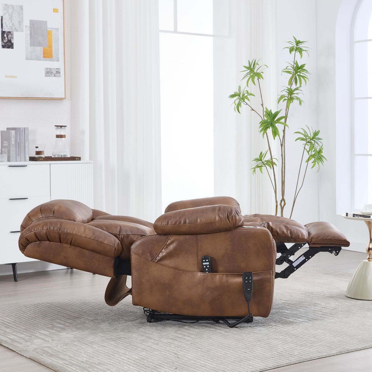 EZZUP Lay Flat Lift Recliner Chair with Massage & Heat for Elderly People, Electric Power Lift Chair with Dual Motor, Cup Holders and 2 Remote Controls, Breathable Faux Leather Brown EZZUP