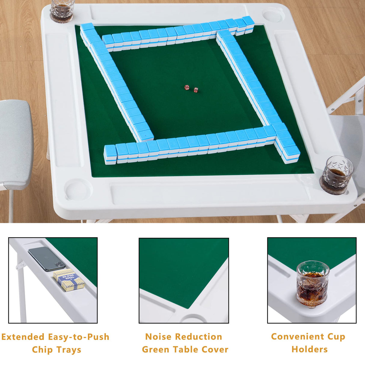 Allpop 35.4’’ Folding Mahjong Table, Square 4 Player Card Game Table with Longer Chip Trays, Cup Holders & Green Professional Tabletop for Domino, Poker, Jigsaw Puzzles Allpop