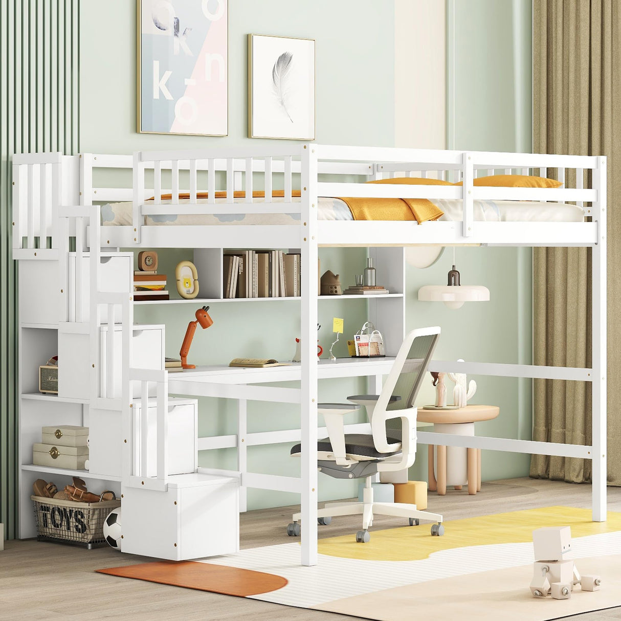 Full Size Loft Bed with Desk and Storage Shelves,Solid Wood Loft Bed Frame with Storage Staircase,High Loft Bed Full Size with Stair for Kids,Teens, Adults,White Bellemave