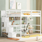 Full Size Loft Bed with Desk and Storage Shelves,Solid Wood Loft Bed Frame with Storage Staircase,High Loft Bed Full Size with Stair for Kids,Teens, Adults,White Bellemave
