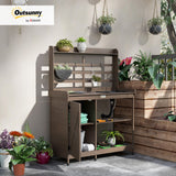 Outsunny Outdoor Wooden Potting Bench Table with Sink and Water Tap, Garden Workstation with Storage Cabinet, Storage Shelves for Backyard, Patio, Balcony, Dark Brown Outsunny