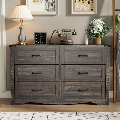 Gyfimoie Farmhouse Dresser for Bedroom, Chest of Drawers with Natural Texture, Accent Storage Cabinet for Closet,Living Room (Dark Rustic Oak, 15.7" D x 46.4" W x 30.8" H(6 Drawers)) Gyfimoie