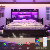 LUXOAK King Bed Frame with 49.6" Bookcase Headboard & 2 Bedside Stoage Racks & 4 Drawers, Farmhouse Wood Bed Frame with RGB LED & Charging Station, No Box Spring Needed, Black LUXOAK