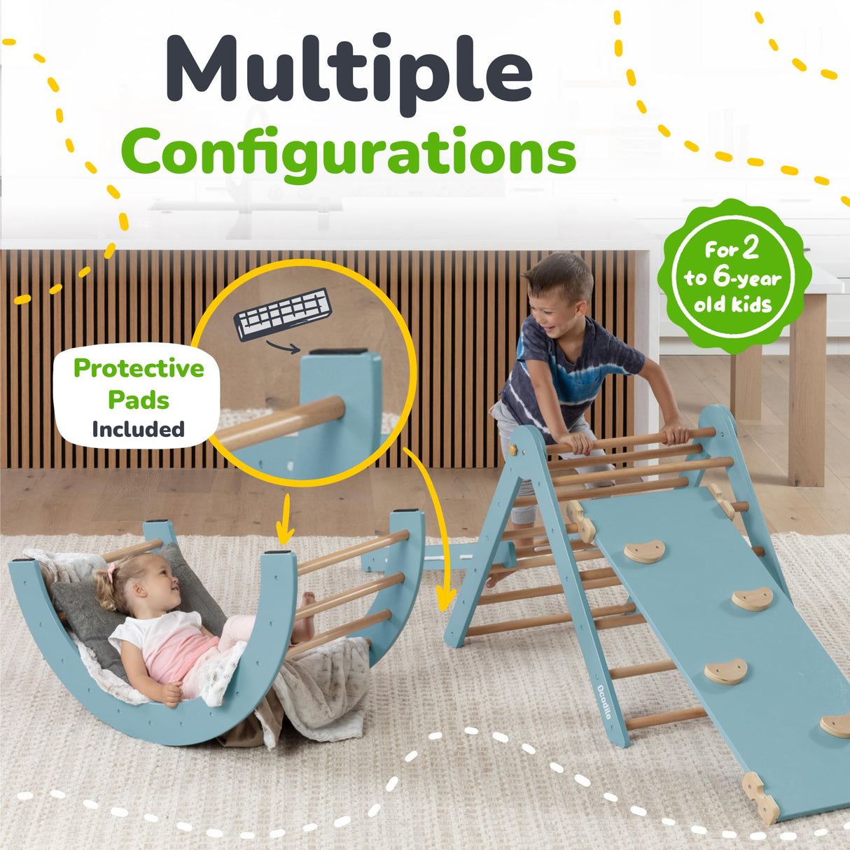 Ocodile Extra-Large 6-in-1 Pikler Triangle Climbing Set – Oversized Montessori Climbing Toys for Toddlers – Spacious Indoor Wooden Play Gym for Kids Ages 2-6 – Blue Ocodile