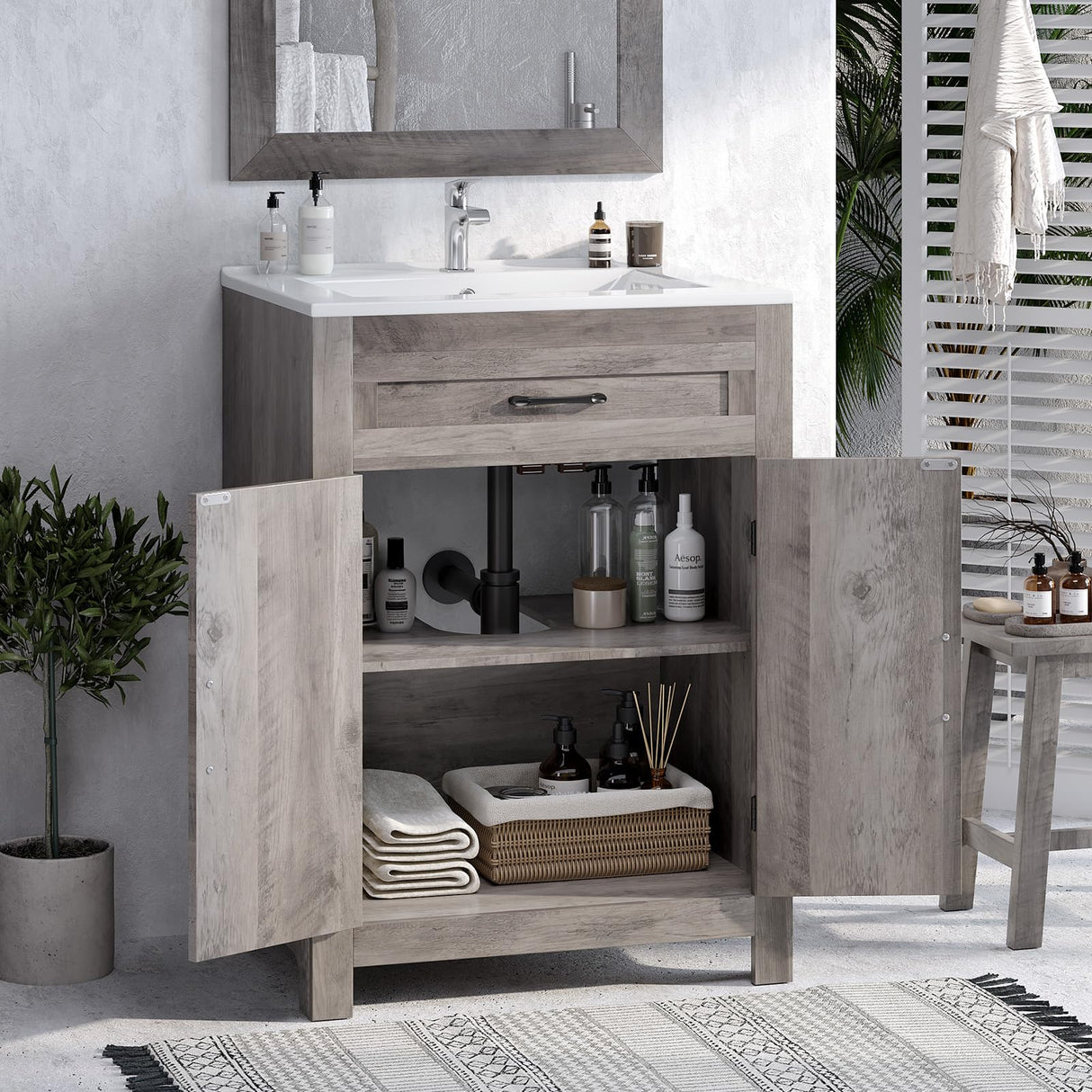 VINGLI 24" Farmhouse Bathroom Vanity with Sink, Undermount Vanity Sink Cabinet with Barn Door &Shelf,Free Standing Small Bathroom Storage Cabinet with Single Hole Ceramic Basin Combo Set,Washed Gray VINGLI