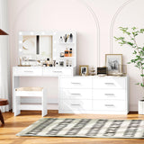 Rovaurx 65" Vanity Desk with Lighted Mirror and Lights, 8 Drawers Makeup Vanity Table with Storage Shelf, Modern Vanity with Mirror, Dressing Table for Bedroom, Adjustable Width, White RSZT109W Rovaurx