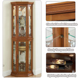 XZTUAJ 69" H Corner Curio Cabinet with Light,3-Side Glass Corner Display Case with Adjustable Shelves & Tempered Glass Doors,Curved Wooden Showcase Corner Storage Rack for Living Room & Kitchen (Oak) XZTUAJ