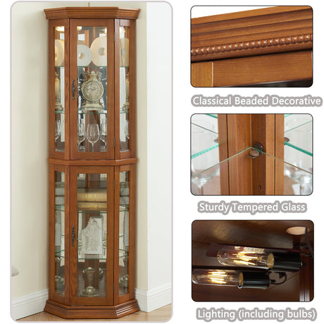 XZTUAJ 69" H Corner Curio Cabinet with Light,3-Side Glass Corner Display Case with Adjustable Shelves & Tempered Glass Doors,Curved Wooden Showcase Corner Storage Rack for Living Room & Kitchen (Oak) XZTUAJ