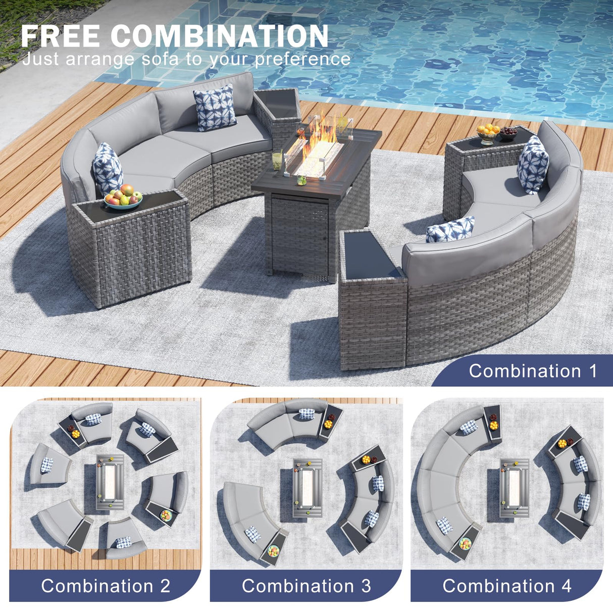 Restland Outdoor Half Moon Patio Furniture Set with Fire Pit Table, Grey Rattan Curved Patio Sectional Sofa, Wicker Conversation Set Restland