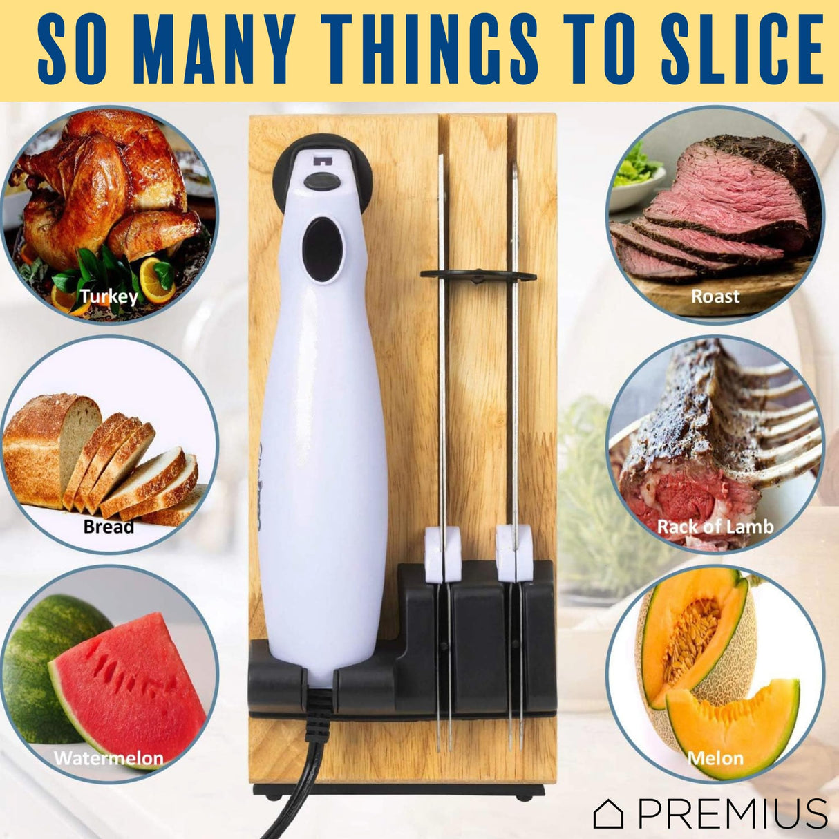 SERRATED CARVING ELECTRIC KNIFE SET By Chef PRO, With Wooden Storage Block, 2 Interchangeable Stainless-Steel Blades, Precise Cutting and Carving of Meats, Fruits, Breads, Comfortable Design, White Chef Pro