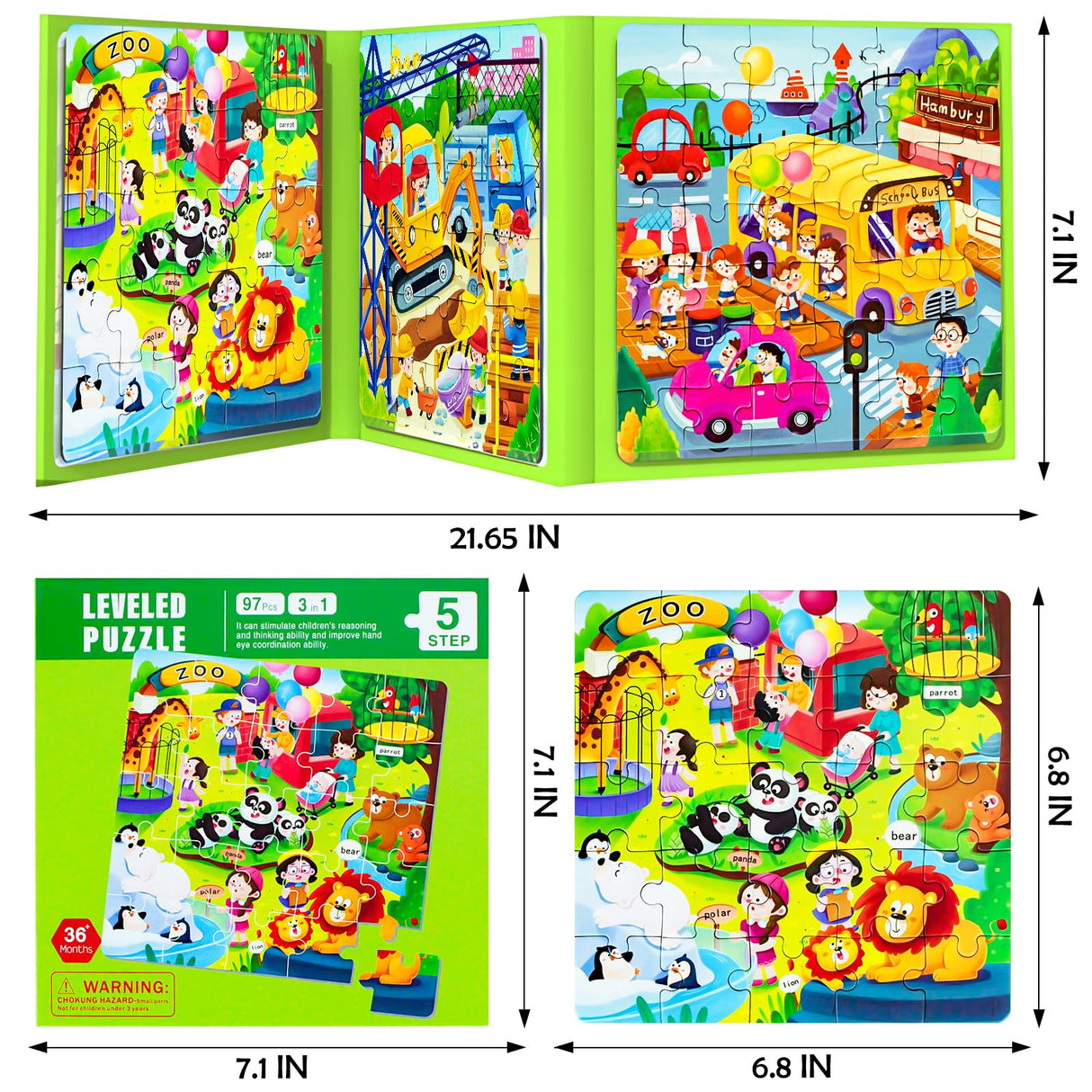 Magnetic Puzzles for Kids Ages 4-8, 3 in 1 Cartoon Jigsaw Puzzle Book, Kids Travel Puzzles Toys, Preschool Learning Toy for Kids 3-8 Year (Green Zoo) EREBADI