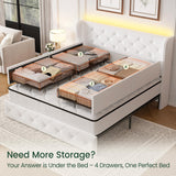 LARMACE Queen Size Bed Frame with Storage Drawers and Tufted Headboard Velvet Upholstered Platform Bed Frame with LED Light Wingback Beds with Wooden Slats Support, Easy Assembly, White LARMACE